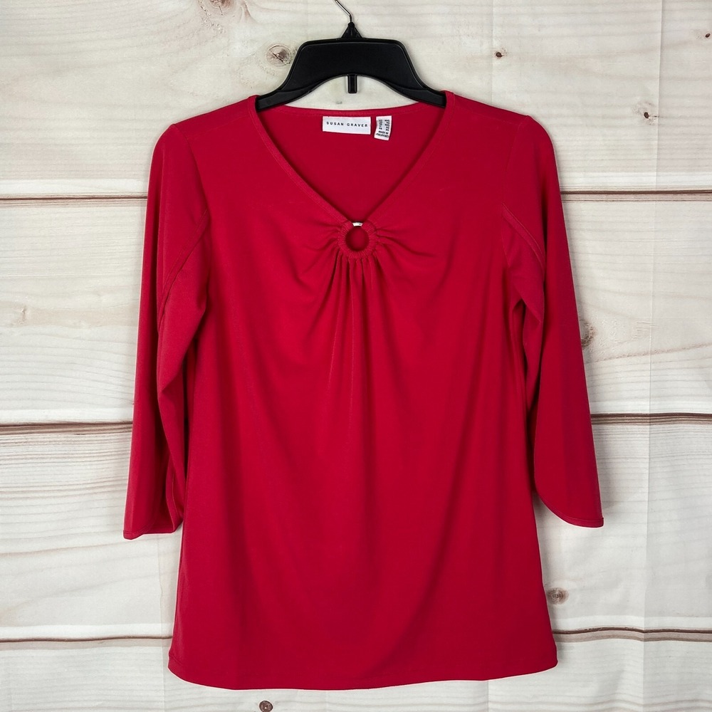 Susan Graver Top Womens XXS Pink Liquid Knit Blouse Tulip Sleeve Keyhole Neck